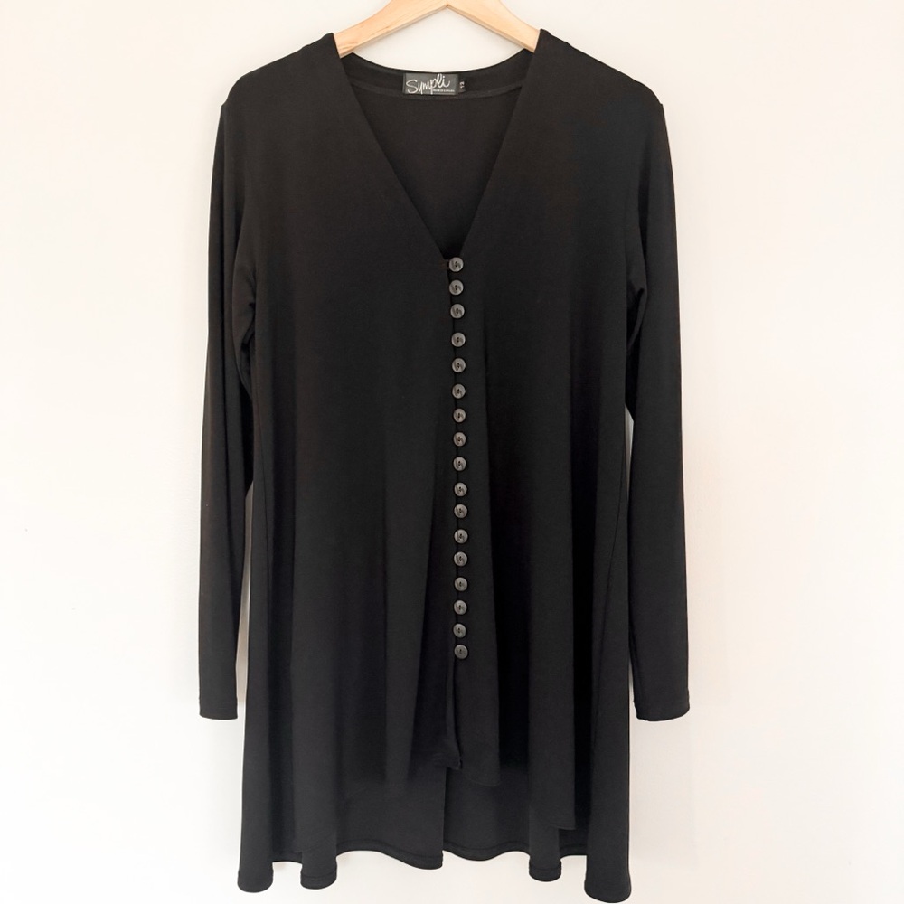 Sympli Black Duo Diva Tunic Top Buttons V Neck Blouse Flowy Comfortable Size 12 - Picture 2 of 10